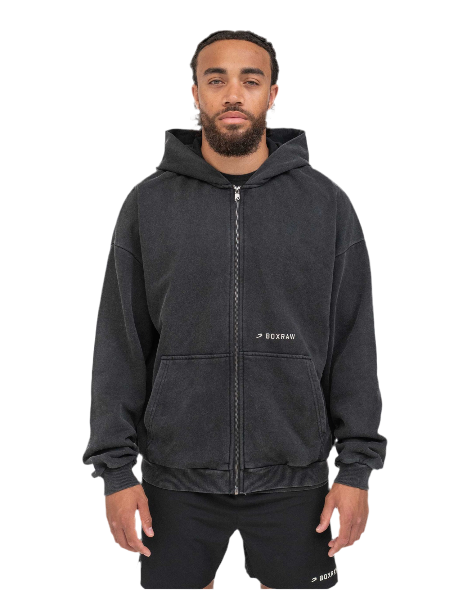 BOX RAW SPARRING CLUB OVERSIZED ZIP UP HOODIE - WASHED BLACK – Mad