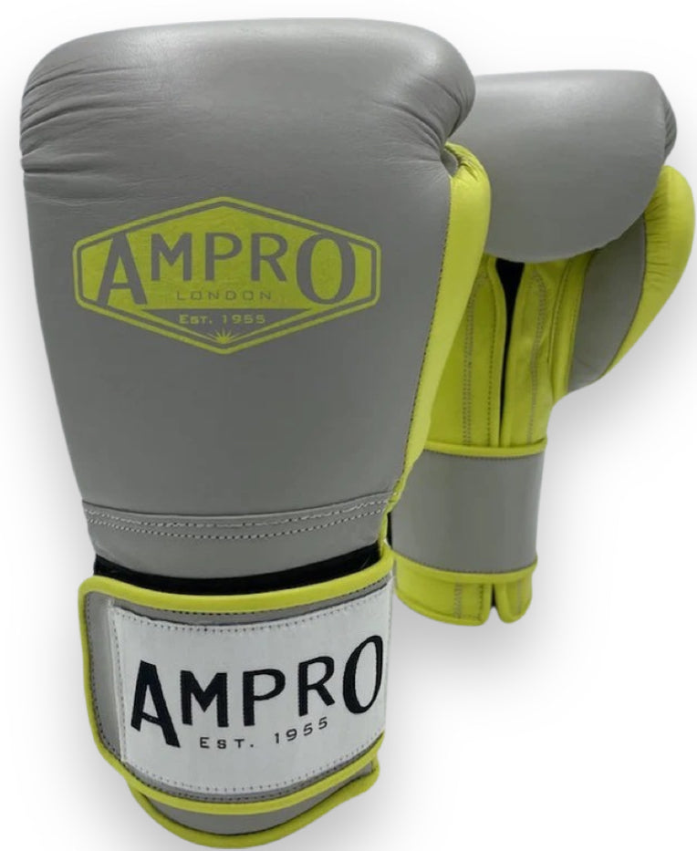 AMPRO HYBRID POWERTECH HOOK AND LOOP SPARRING GLOVE - GREY/LIME