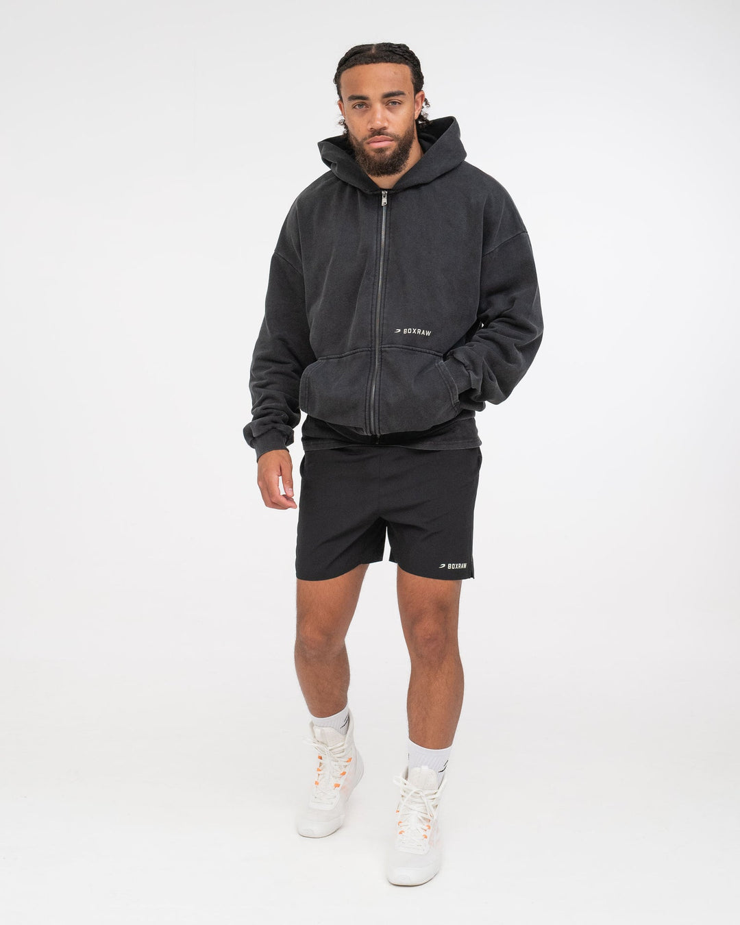 BOX RAW SPARRING CLUB OVERSIZED ZIP UP HOODIE - WASHED BLACK