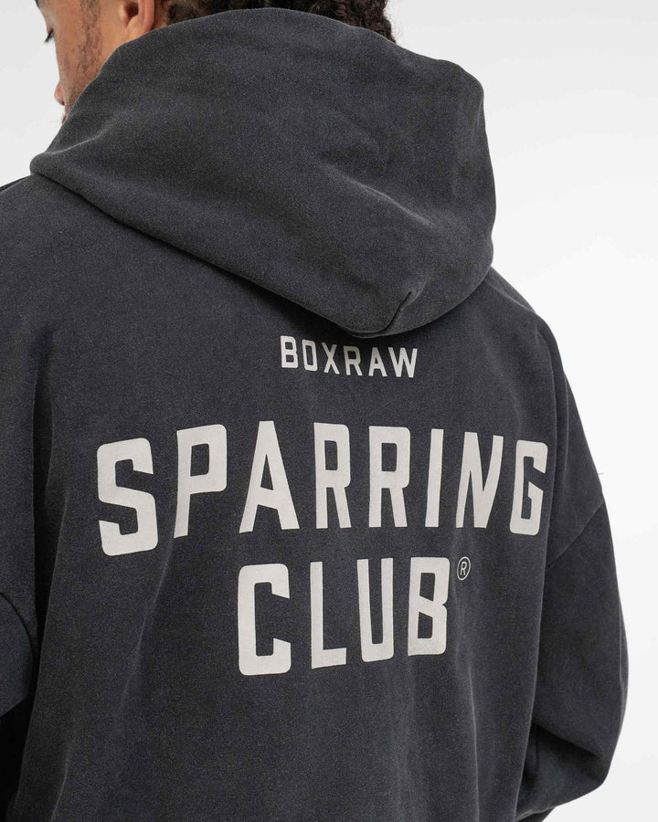 BOX RAW SPARRING CLUB OVERSIZED ZIP UP HOODIE - WASHED BLACK