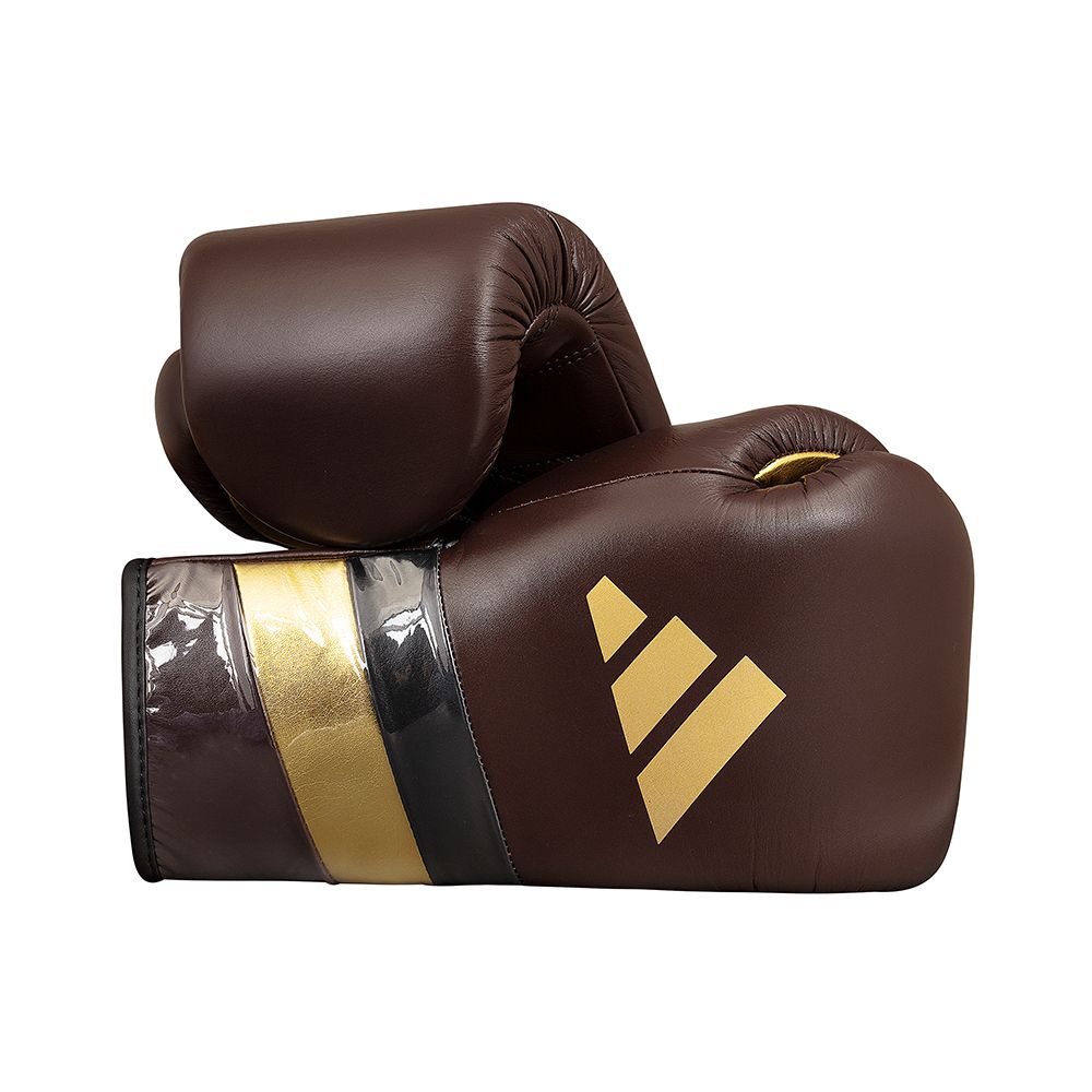 Maroon boxing glove with gold accents on a white background
