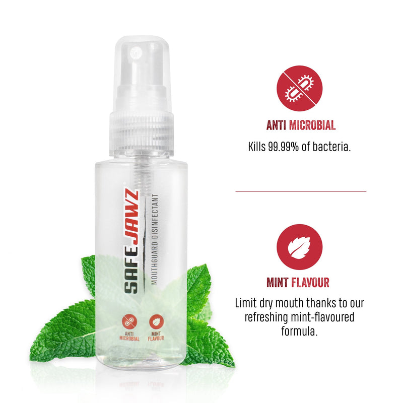SAFEJAWZ MOUTHGUARD DISINFECTANT SPRAY. MINT FLAVOURED, ANTI-MICROBIAL GUM SHIELD CLEANER. 50ML.